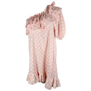 Lisa Marie Fernandez Target Large Dress One Shoulder Linen‎ Polka Dot Pink 1226